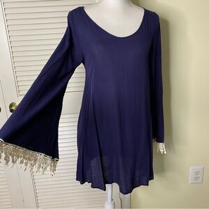 Iris Los Angeles Crochet trim Boho Beach Cover Up Size Small Bell Sleeve Blue